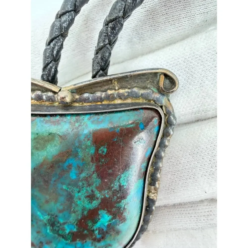 Vintage Sterling Silver Turquoise Bolo Tie Leather Cord Southwestern 59.2g